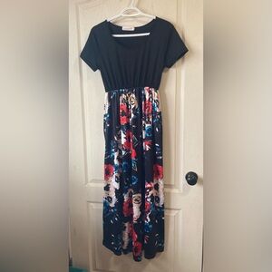Blue and Red Casual Maxi Sundress with Short Sleeves